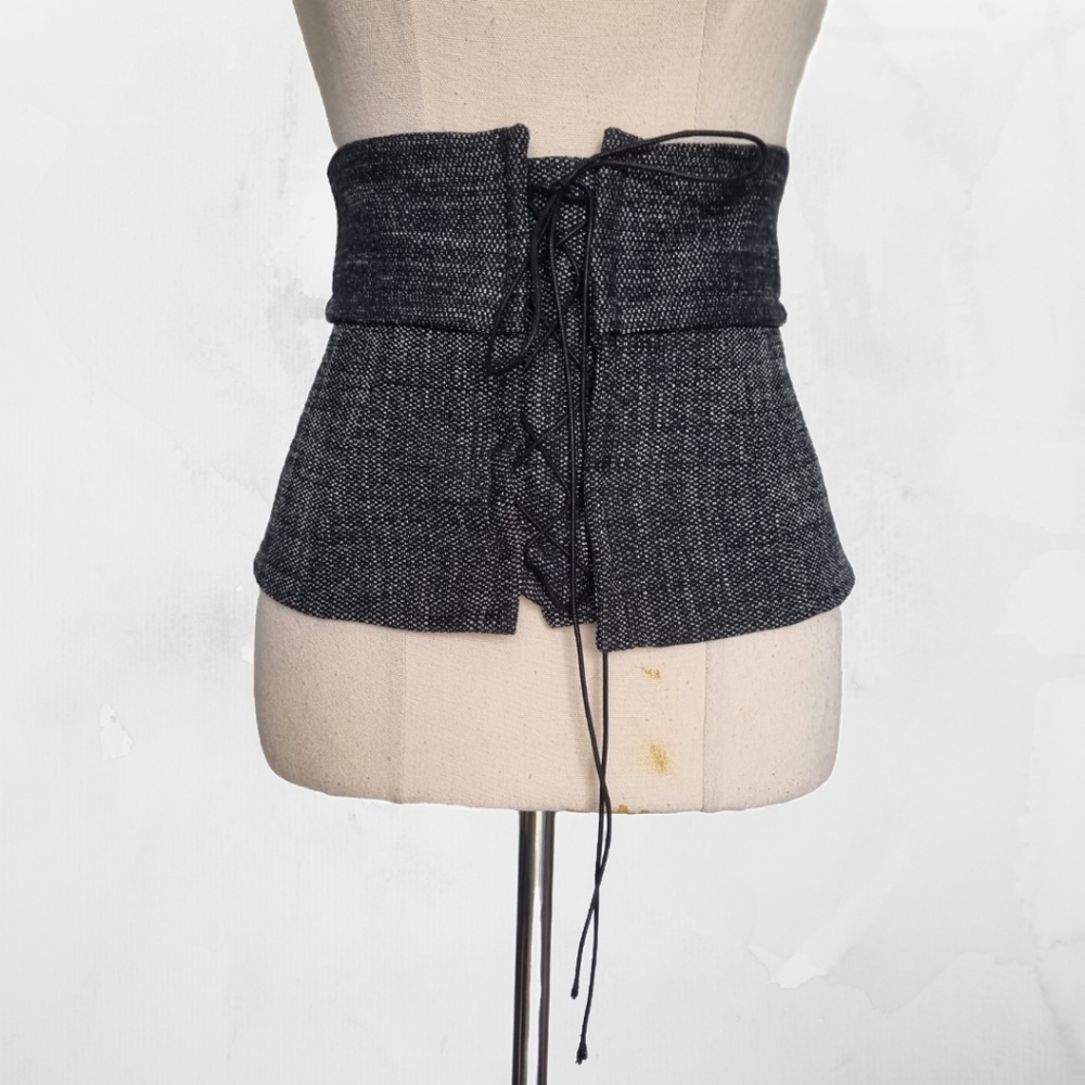 Veronika Maine Black & Grey Tweed Lace Up Cinch Waist Belt Size S - Picture 1 of 7